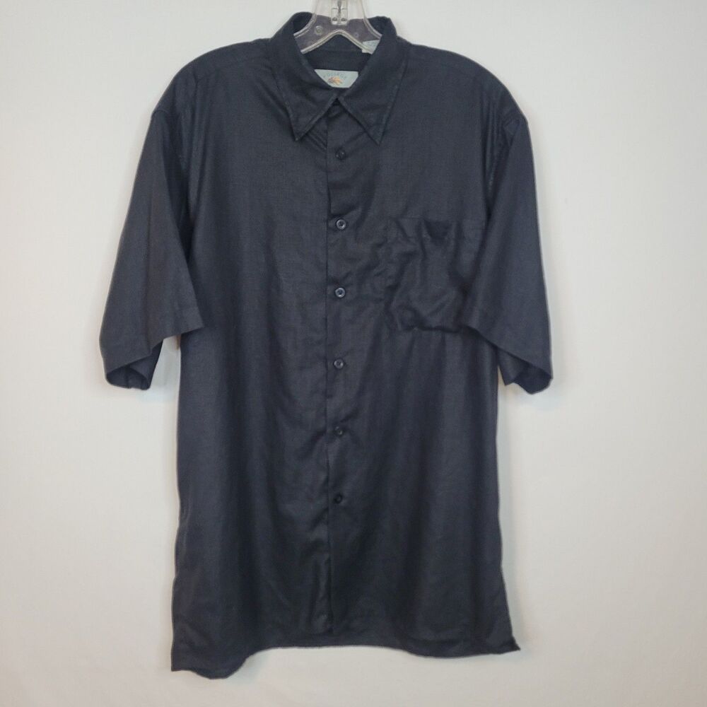 100% Linen Black Shirt Mens M Button Up Short Sleeve Hidden Button Down Collar